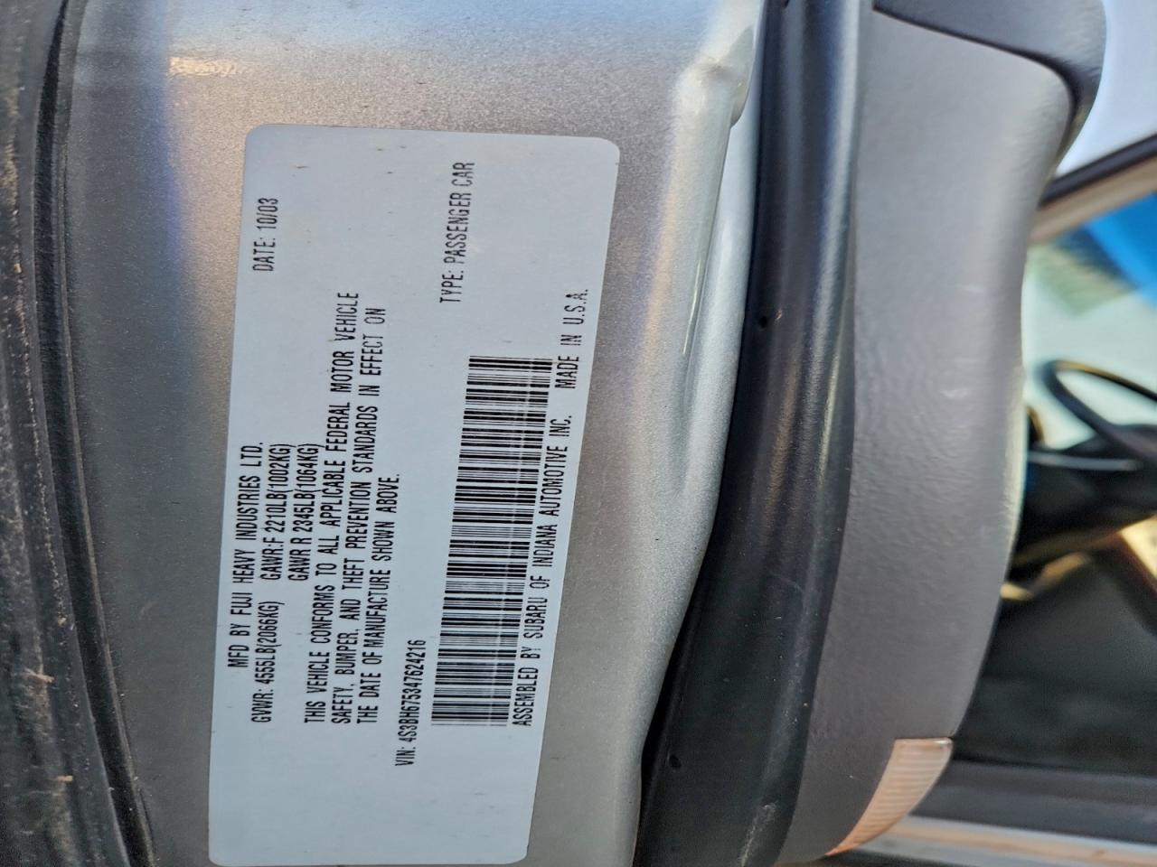 2004 Subaru Legacy Outback Awp VIN: 4S3BH675347624216 Lot: 93865645