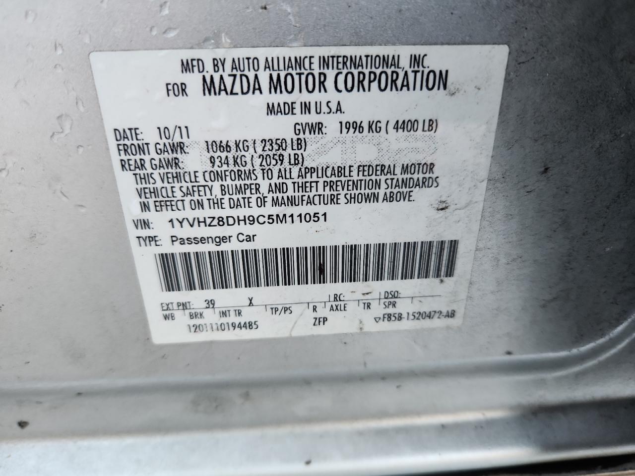 2012 Mazda 6 I VIN: 1YVHZ8DH9C5M11051 Lot: 91225535