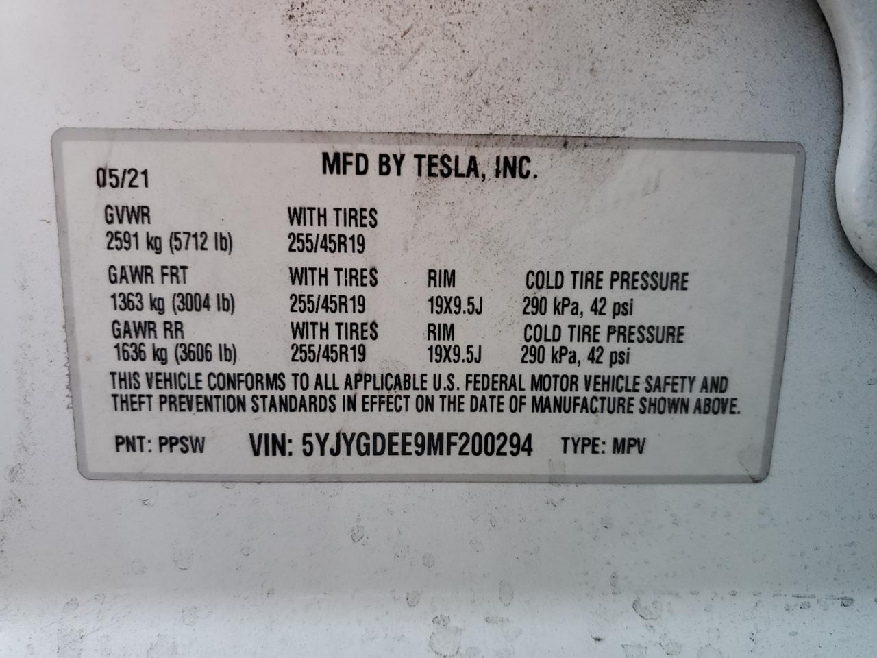 2021 Tesla Model Y VIN: 5YJYGDEE9MF200294 Lot: 86279525