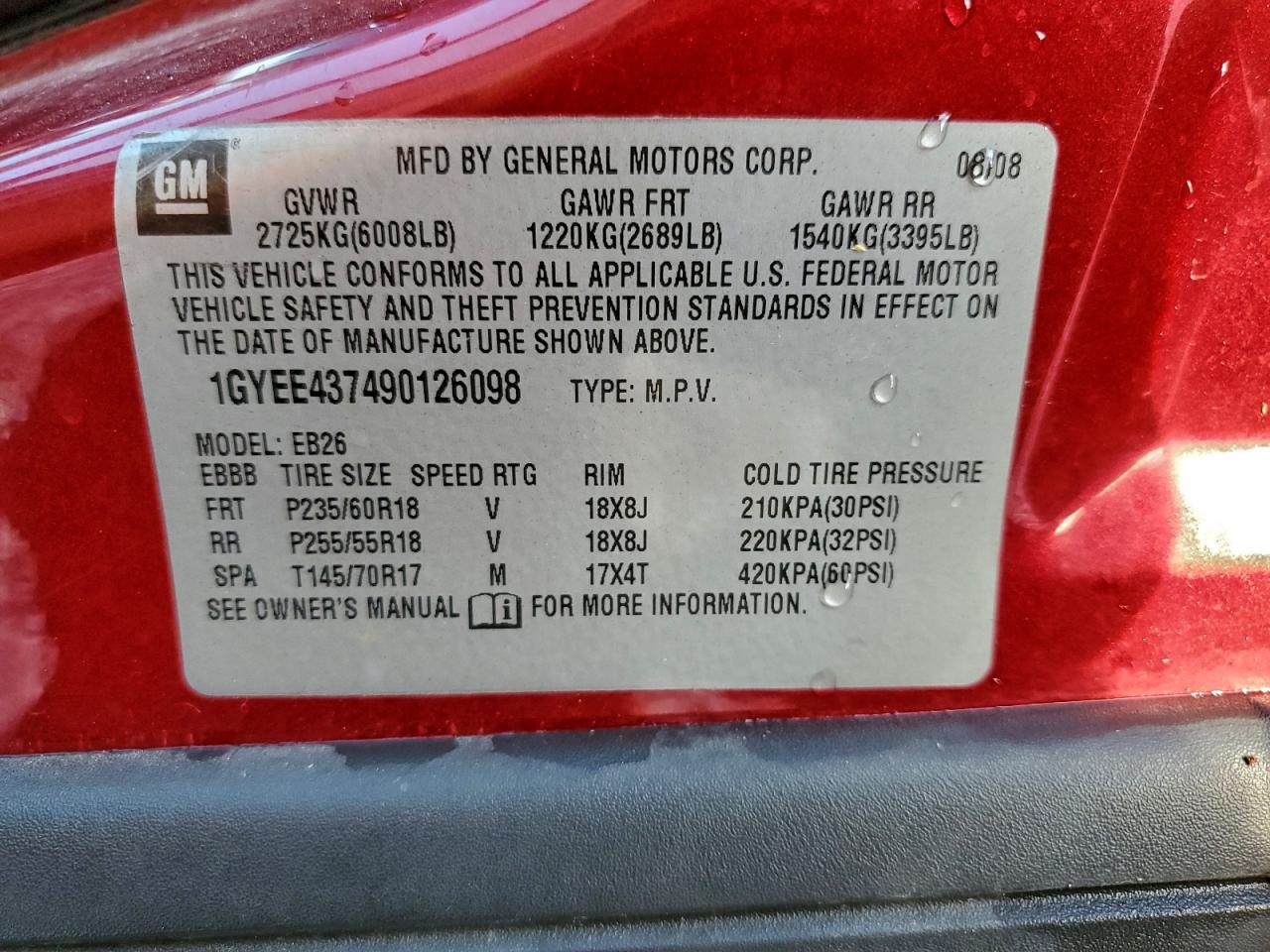 2009 Cadillac Srx VIN: 1GYEE437490126098 Lot: 94333855