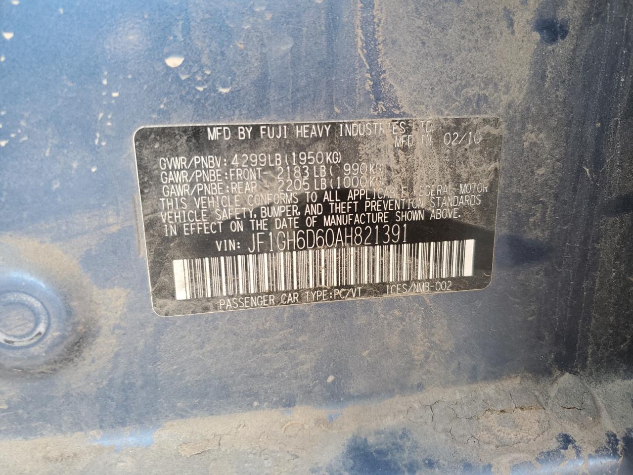 2010 Subaru Impreza Outback Sport VIN: JF1GH6D60AH821391 Lot: 91355045