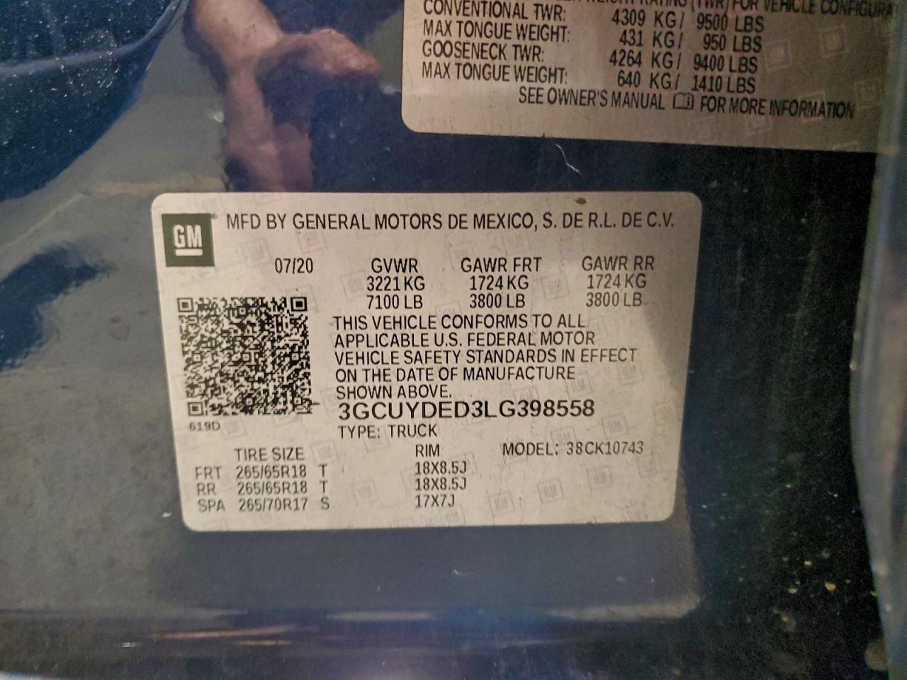 2020 Chevrolet Silverado K1500 Lt VIN: 3GCUYDED3LG398558 Lot: 94072855