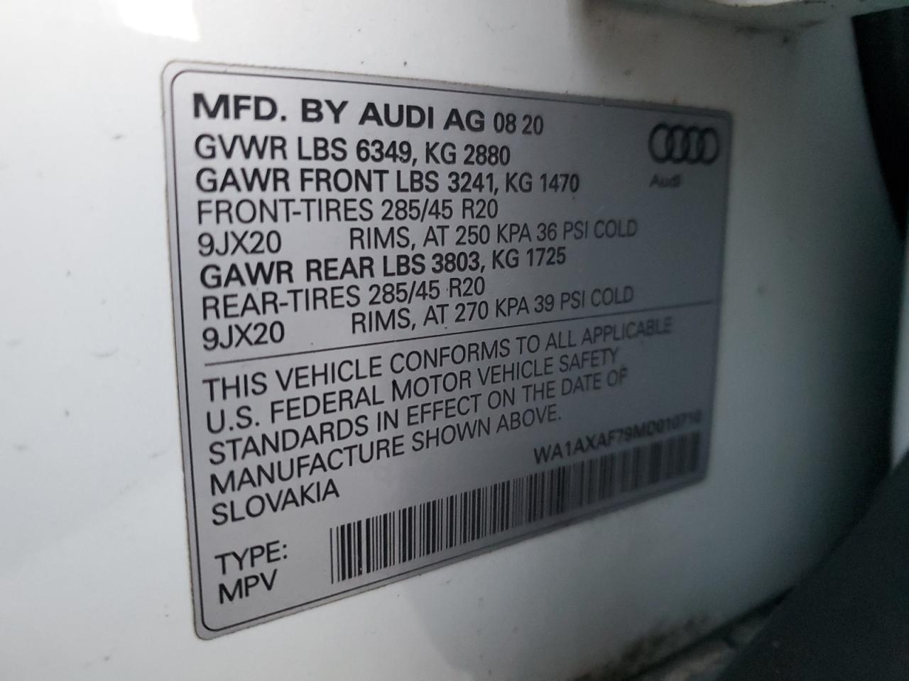 2021 Audi Q7 Premium VIN: WA1AXAF79MD010710 Lot: 92694965