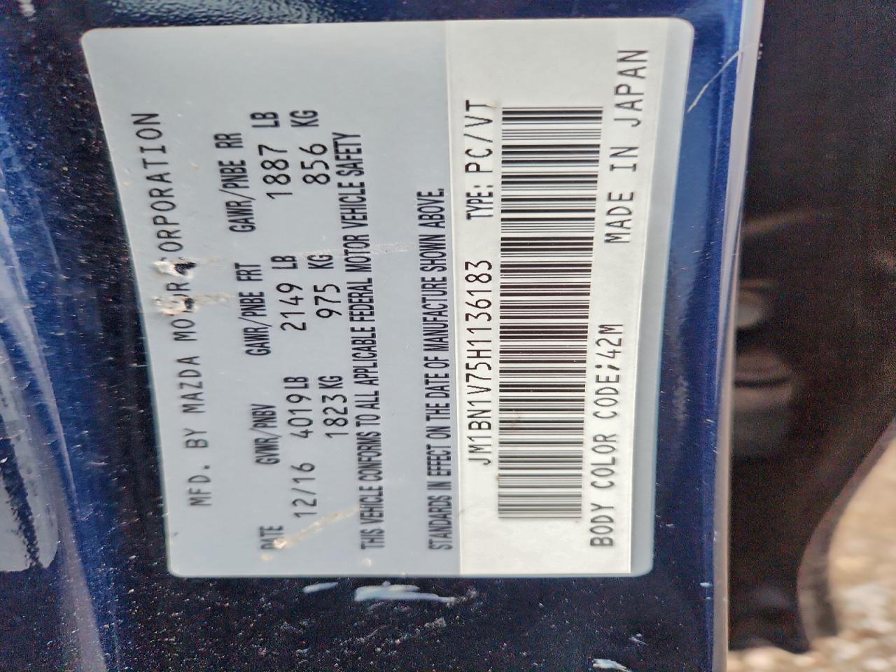 2017 Mazda 3 Touring VIN: JM1BN1V75H1136183 Lot: 92752735