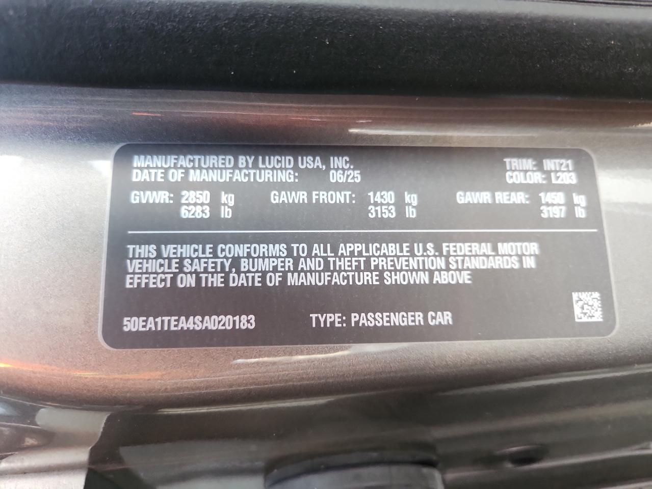 2025 Lucid Motors Air Touring VIN: 50EA1TEA4SA020183 Lot: 91613665