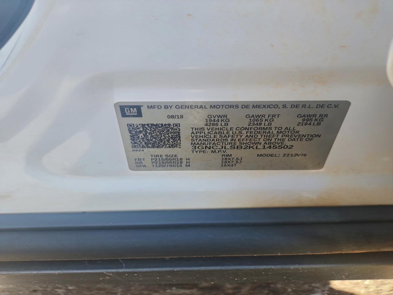 2019 Chevrolet Trax 1Lt VIN: 3GNCJLSB2KL145502 Lot: 93982195