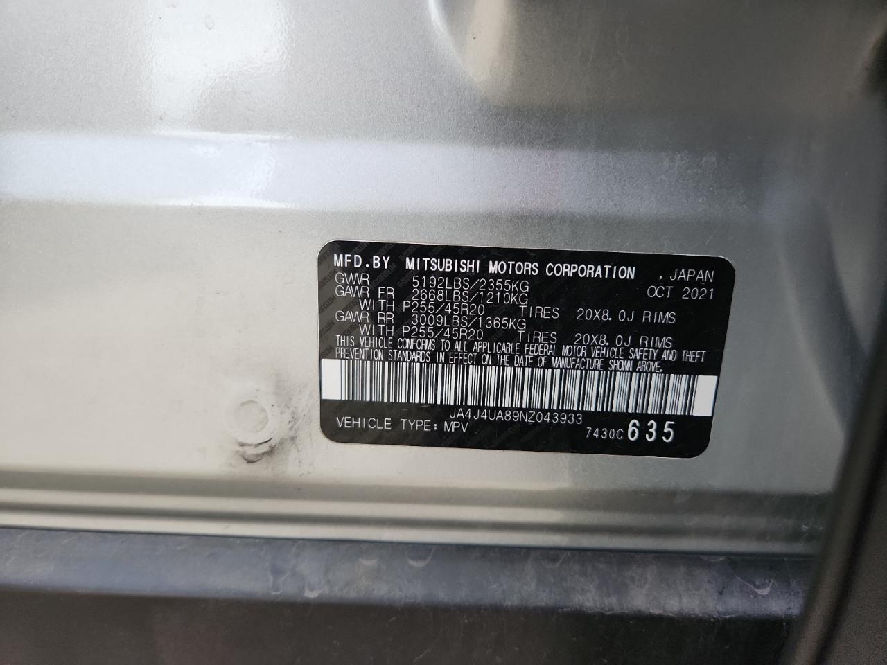 2022 Mitsubishi Outlander Se VIN: JA4J4UA89NZ043933 Lot: 92915995