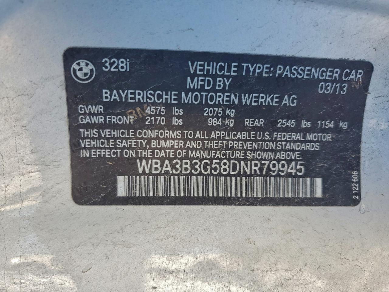 2013 BMW 328 Xi VIN: WBA3B3G58DNR79945 Lot: 93683655