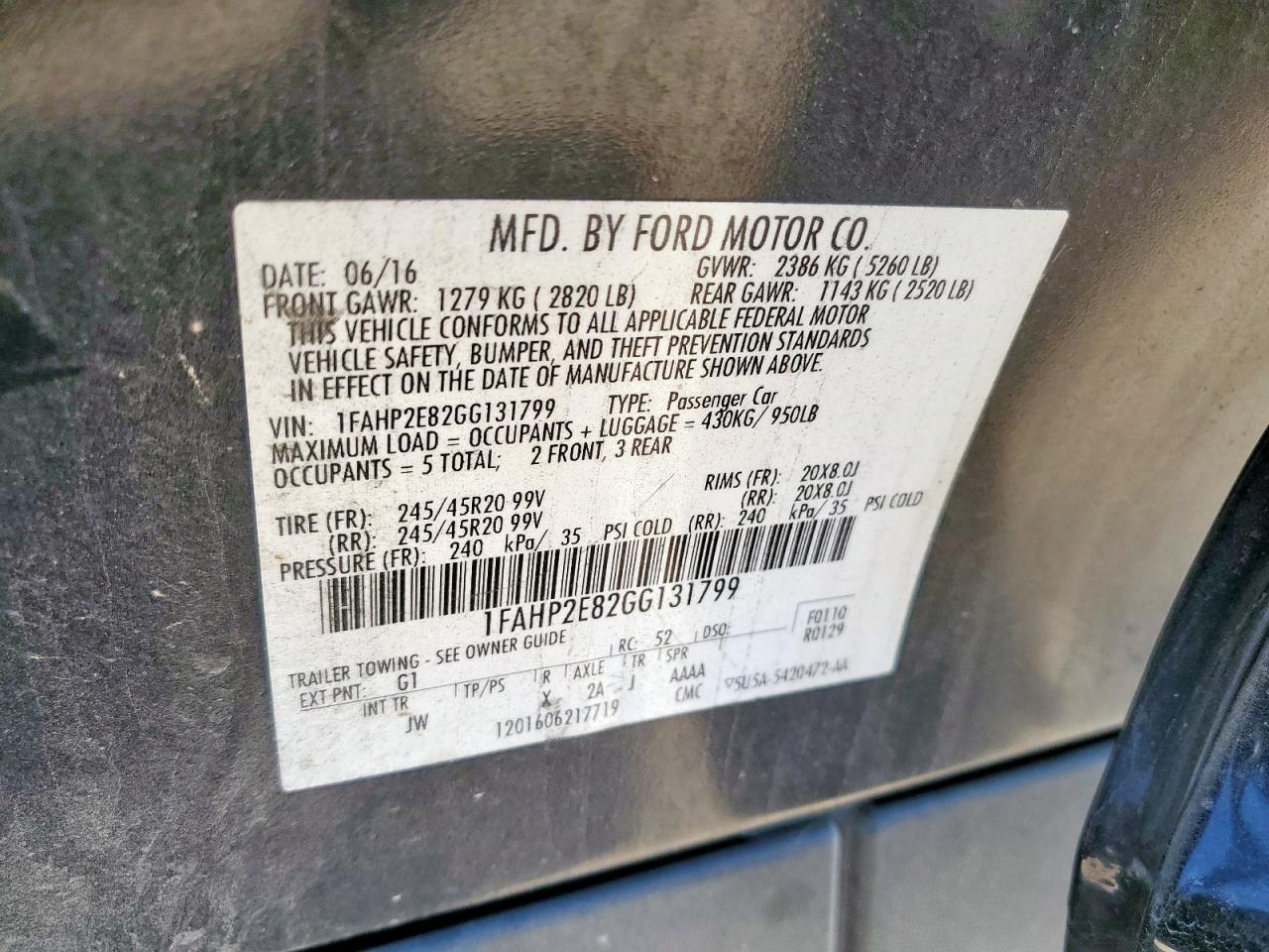 2016 Ford Taurus Sel VIN: 1FAHP2E82GG131799 Lot: 90946635