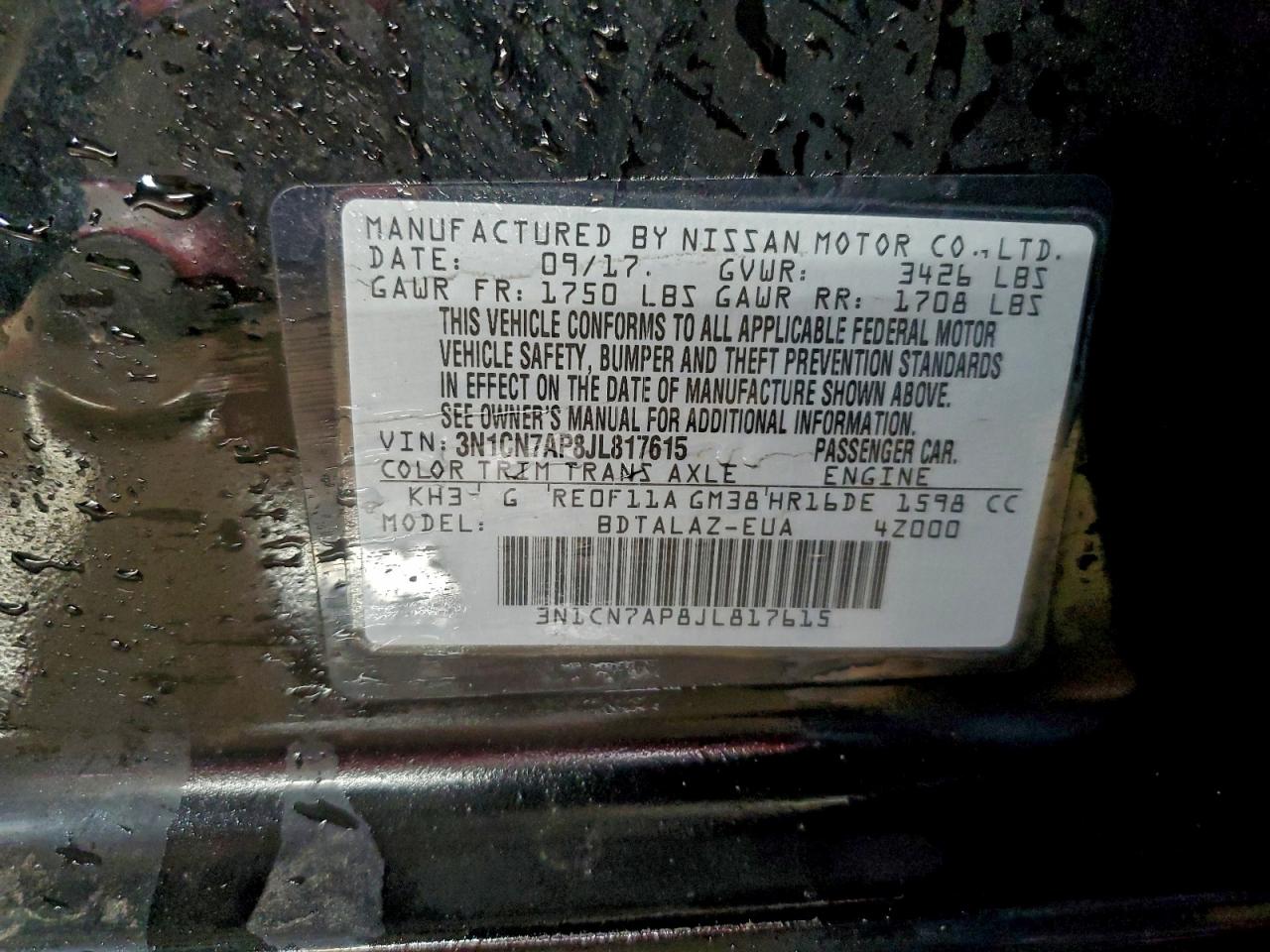 2018 Nissan Versa S VIN: 3N1CN7AP8JL817615 Lot: 94706105