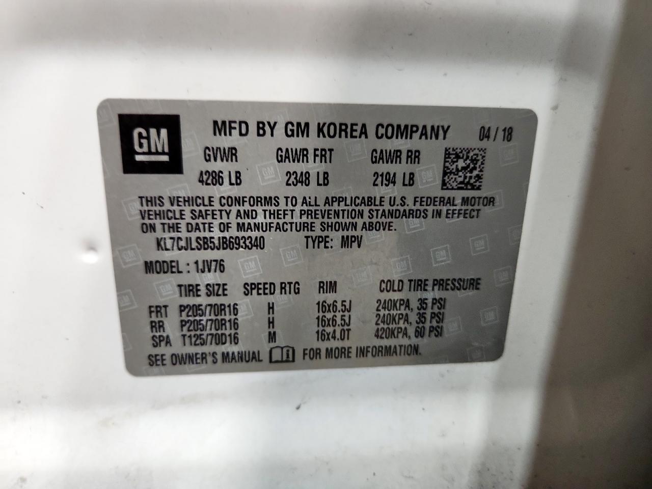 2018 Chevrolet Trax 1Lt VIN: KL7CJLSB5JB693340 Lot: 91831655