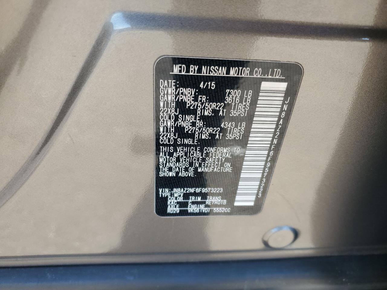 2015 Infiniti Qx80 VIN: JN8AZ2NF6F9573223 Lot: 91391665