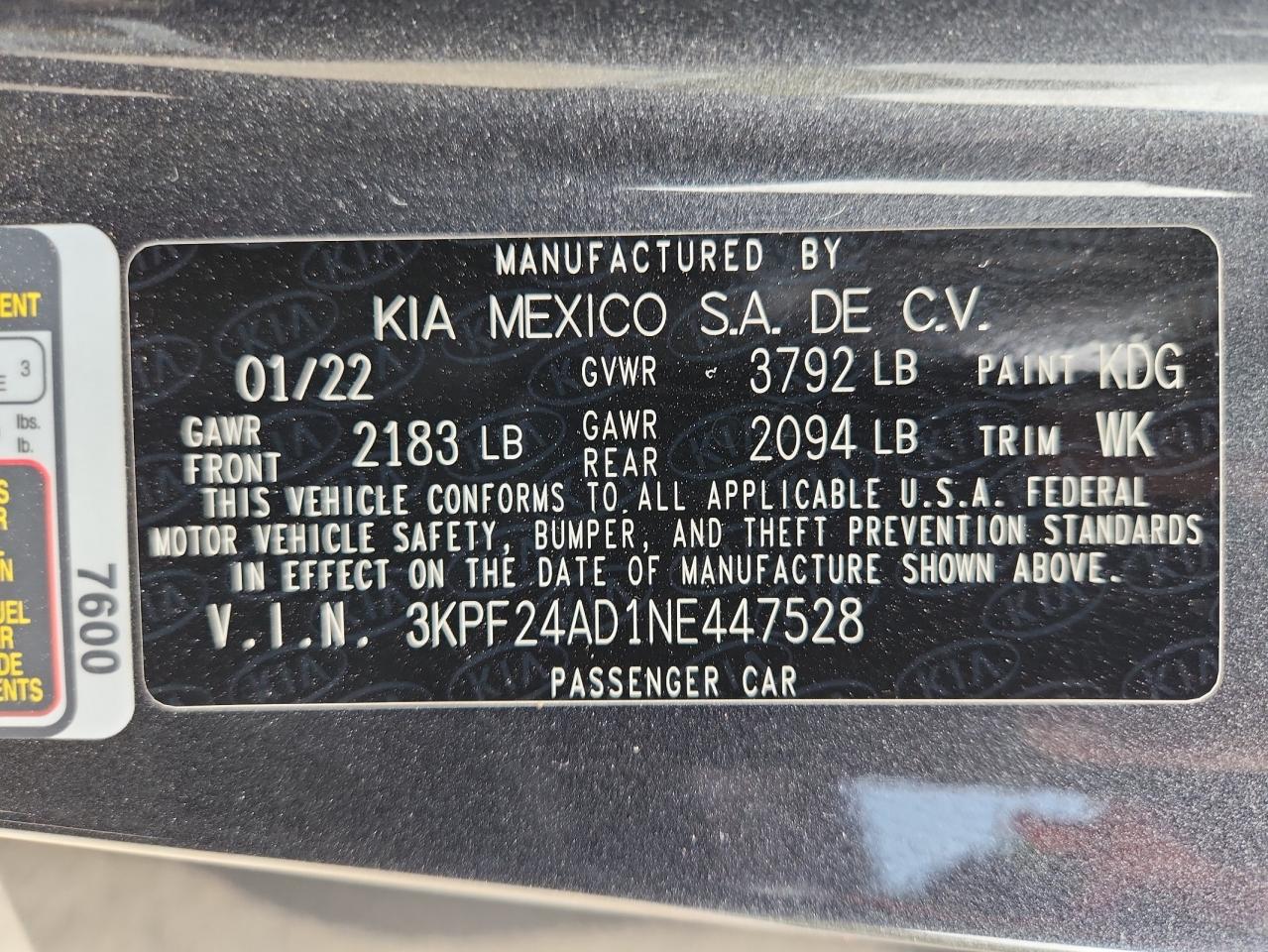 2022 Kia Forte Fe VIN: 3KPF24AD1NE447528 Lot: 93316675
