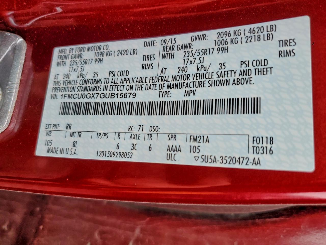 2016 Ford Escape Se VIN: 1FMCU0GX7GUB15679 Lot: 93925815