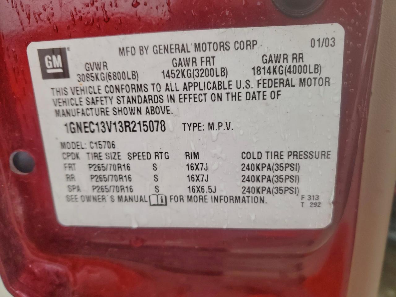 2003 Chevrolet Tahoe C1500 VIN: 1GNEC13V13R215078 Lot: 93138705