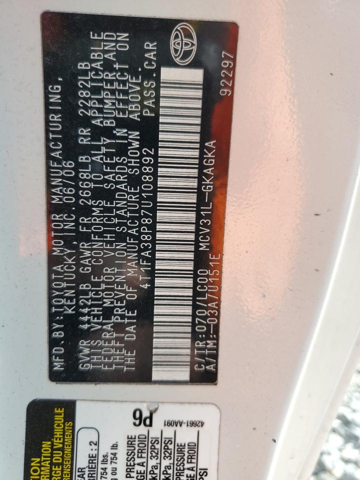 2007 Toyota Camry Solara Se VIN: 4T1FA38P87U108892 Lot: 92208705