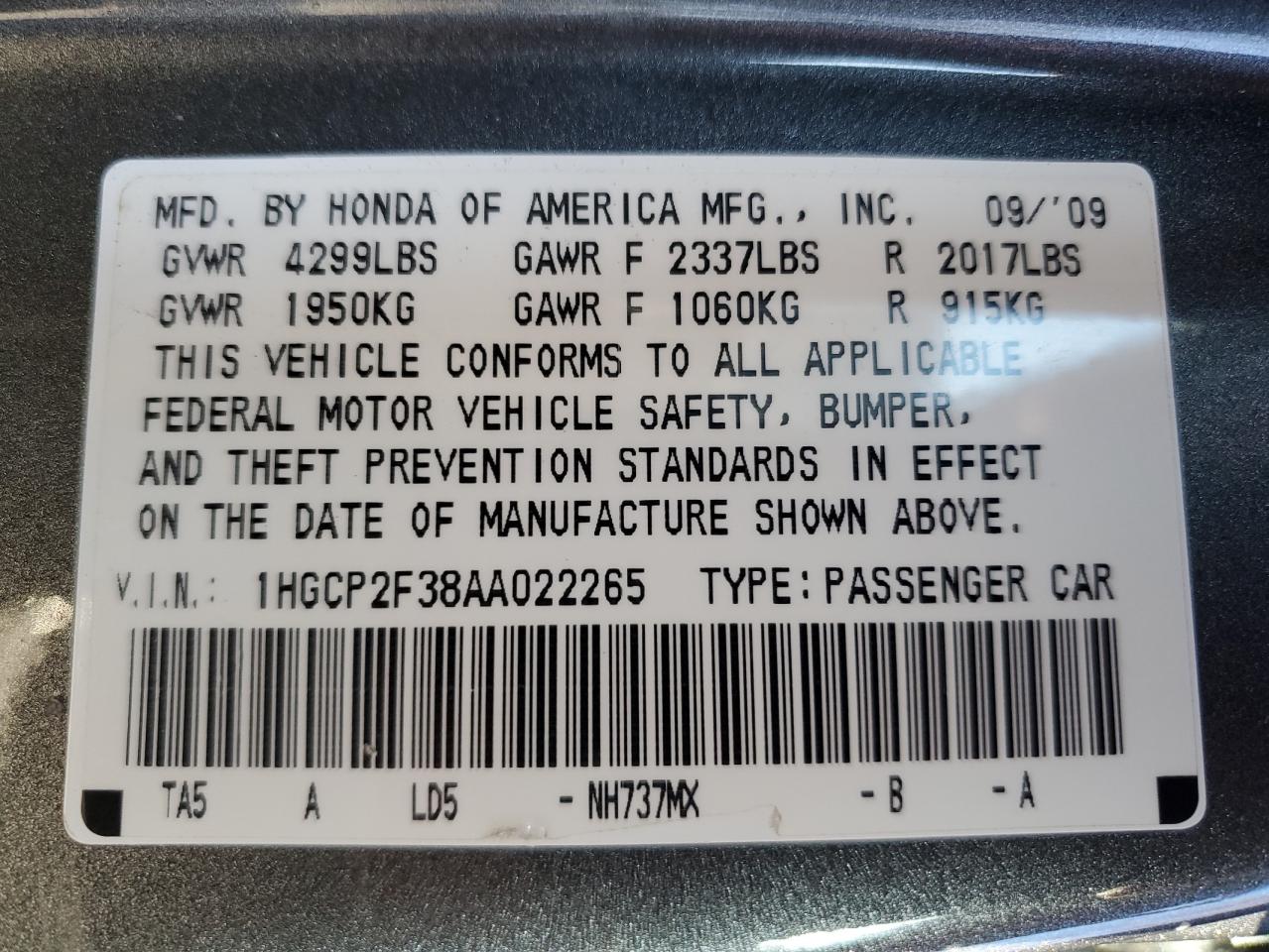 2010 Honda Accord Lx VIN: 1HGCP2F38AA022265 Lot: 91973705