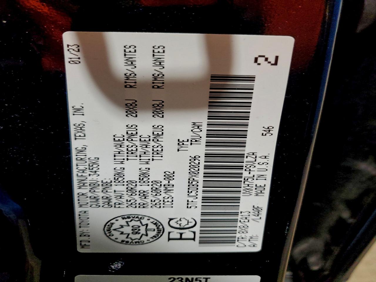 2023 Toyota Tundra Crewmax Limited VIN: 5TFJC5DB5PX020296 Lot: 94158775