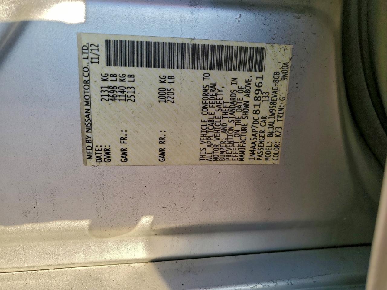 2013 Nissan Maxima S VIN: 1N4AA5AP7DC818961 Lot: 93430705