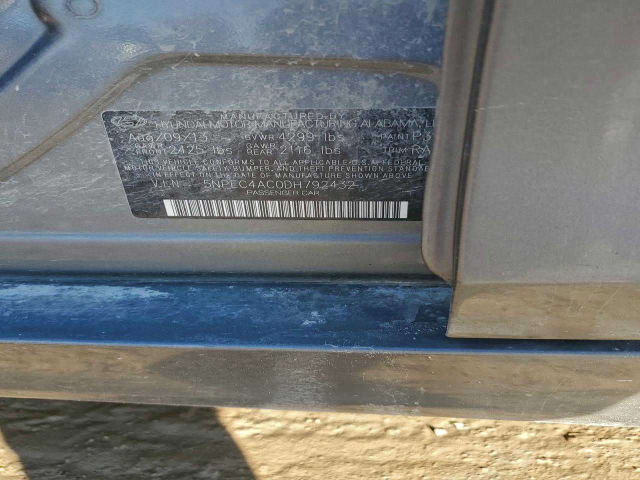 2013 Hyundai Sonata Se VIN: 5NPEC4AC0DH792432 Lot: 93717745