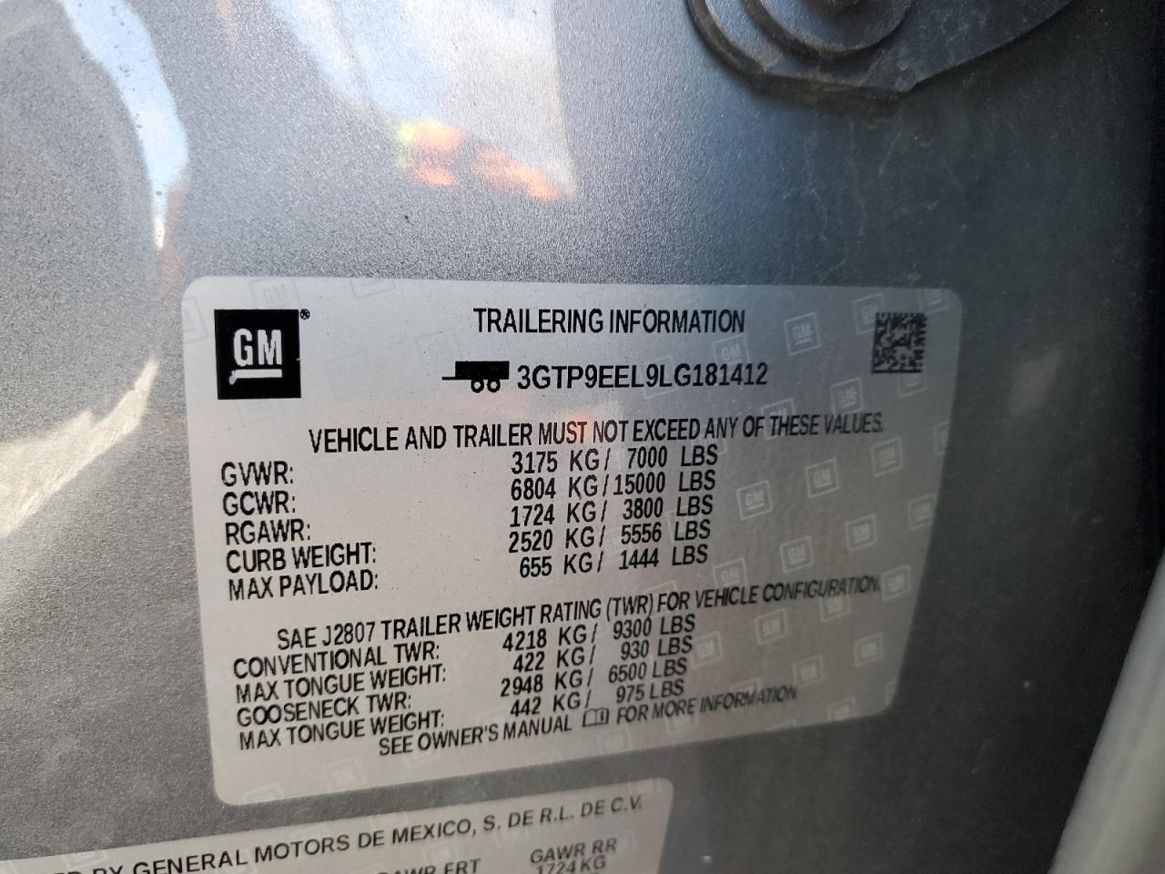 2020 GMC Sierra K1500 At4 VIN: 3GTP9EEL9LG181412 Lot: 91481525