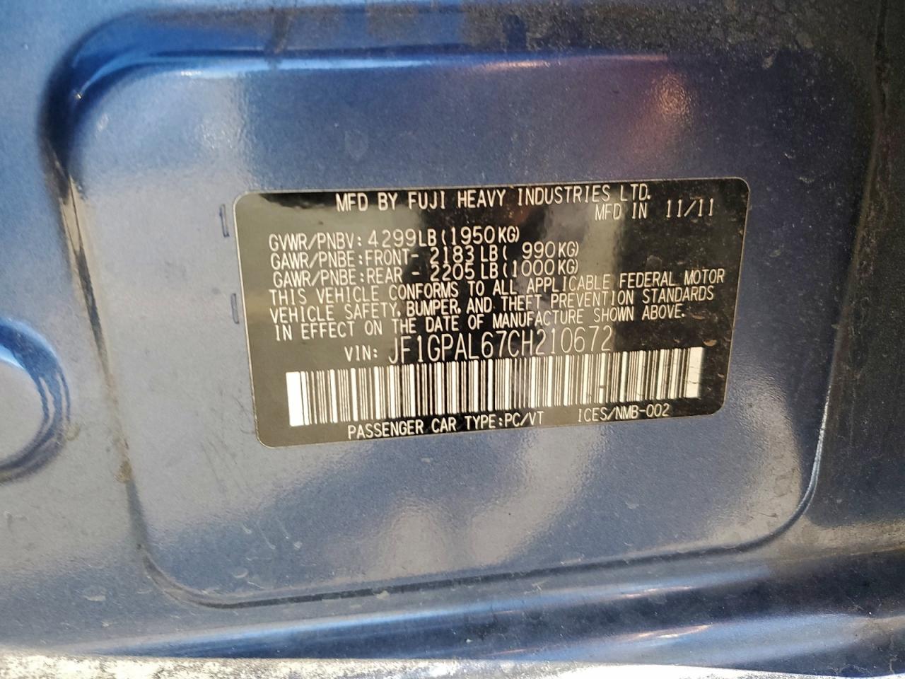 2012 Subaru Impreza Sport Premium VIN: JF1GPAL67CH210672 Lot: 94527735