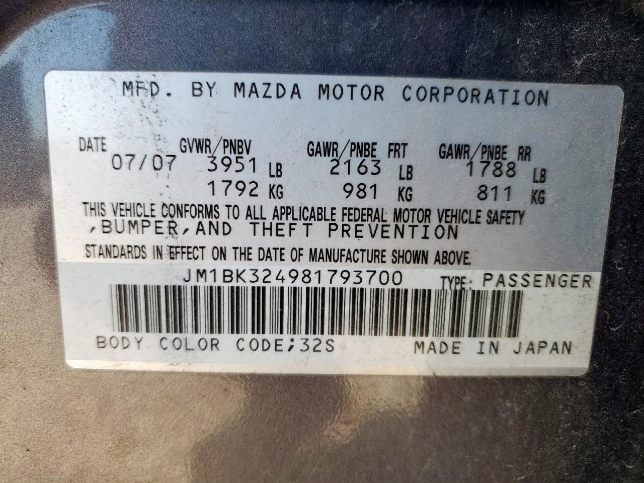 2008 Mazda 3 S VIN: JM1BK324981793700 Lot: 93049505