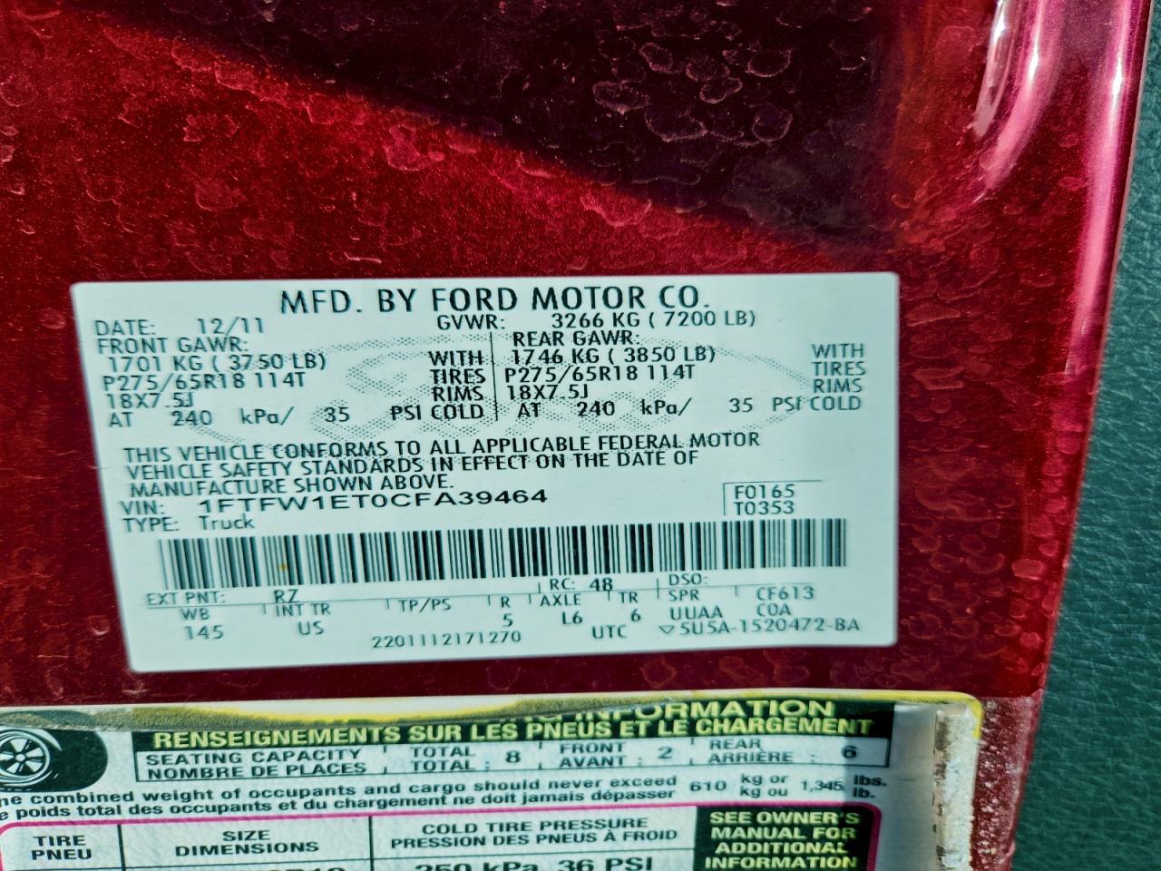 2012 Ford F150 Supercrew VIN: 1FTFW1ET0CFA39464 Lot: 92874935