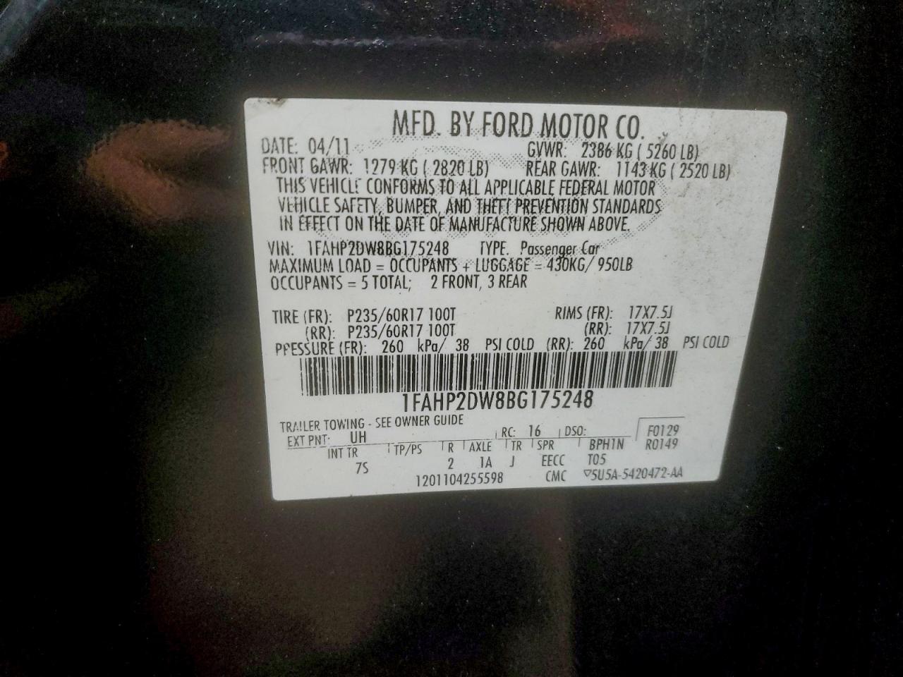 2011 Ford Taurus Se VIN: 1FAHP2DW8BG175248 Lot: 94031715