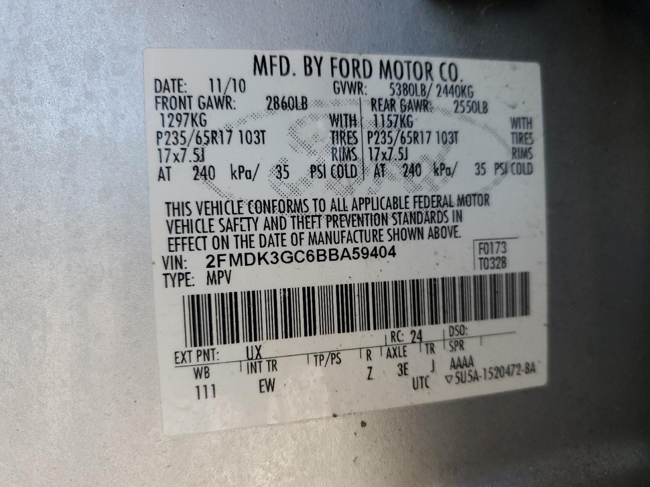 2011 Ford Edge Se VIN: 2FMDK3GC6BBA59404 Lot: 91130935