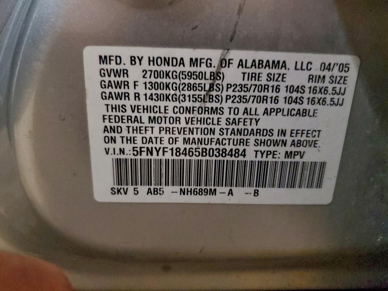 2005 Honda Pilot Ex VIN: 5FNYF18465B038484 Lot: 93335195