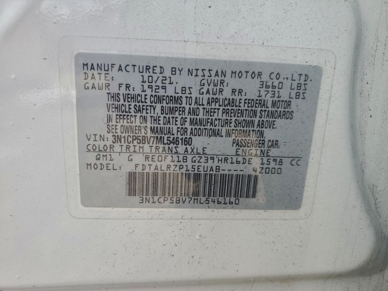 2021 Nissan Kicks S VIN: 3N1CP5BV7ML546160 Lot: 94348925