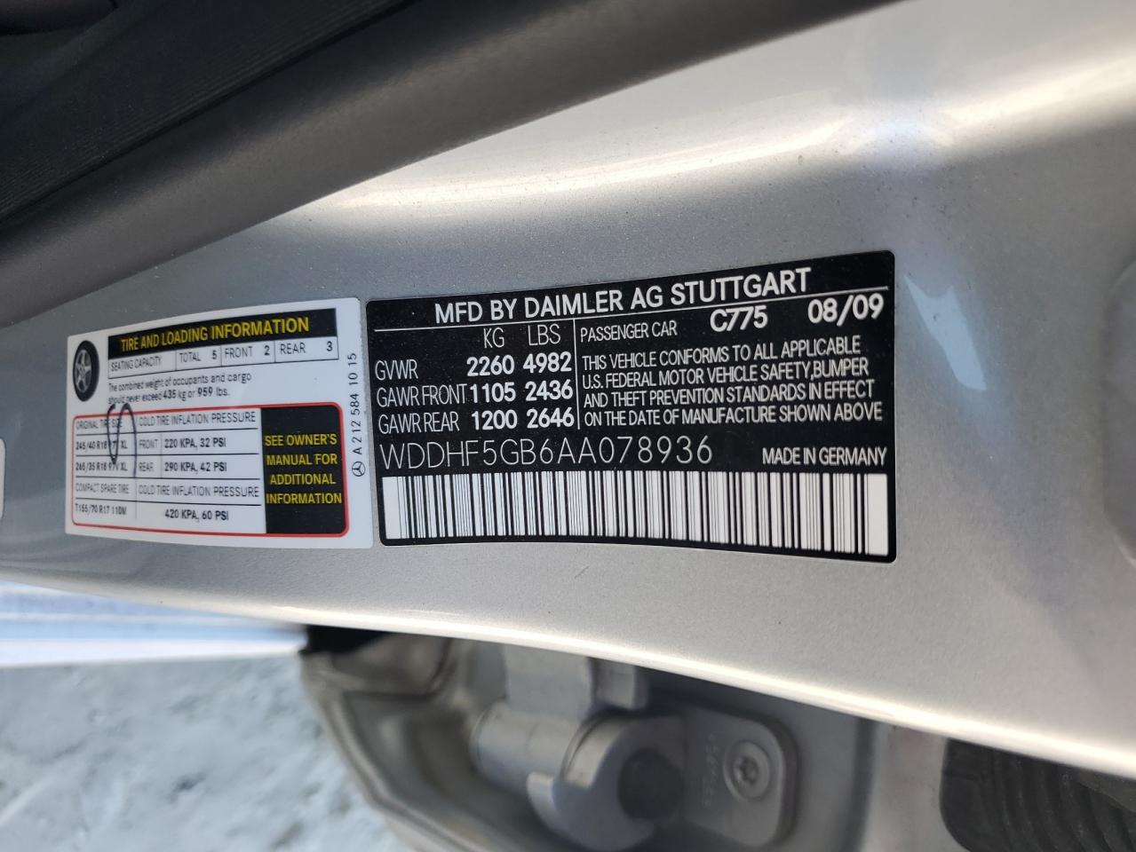 2010 Mercedes-Benz E 350 VIN: WDDHF5GB6AA078936 Lot: 92156445