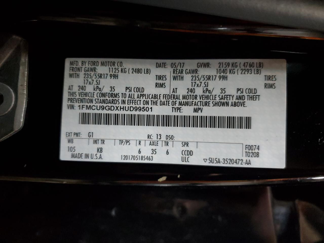 2017 Ford Escape Se VIN: 1FMCU9GDXHUD99501 Lot: 91897425