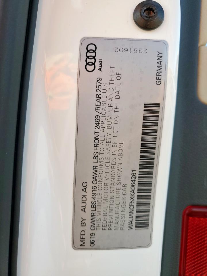 2019 Audi A5 Premium VIN: WAUANCF5XKA064261 Lot: 91439825