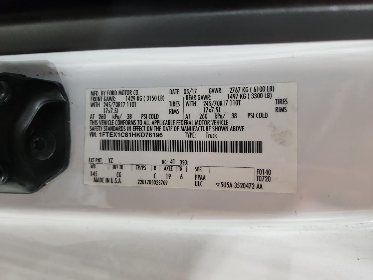 2017 Ford F150 Super Cab VIN: 1FTEX1C81HKD76196 Lot: 91873055