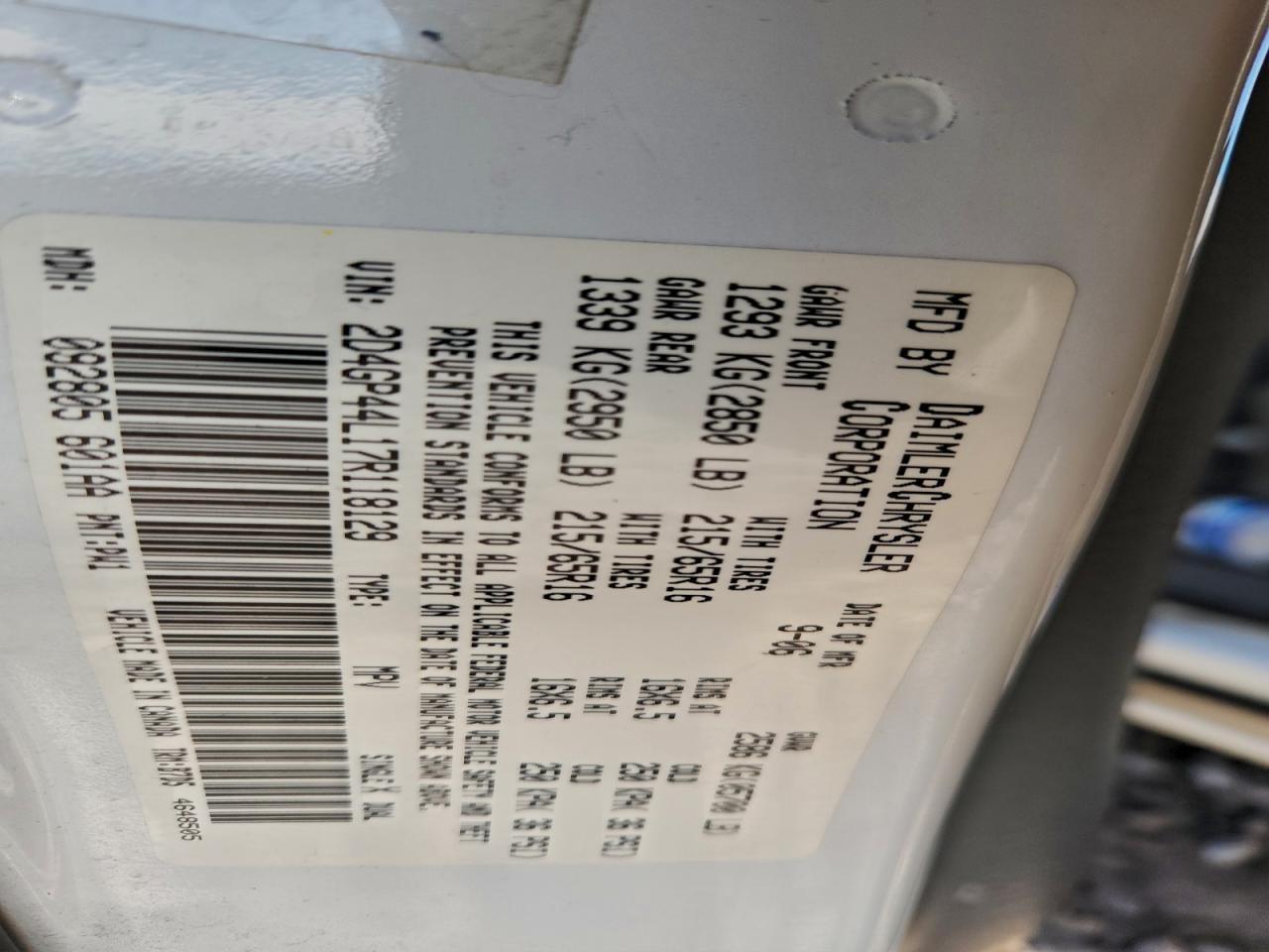 2007 Dodge Grand Caravan Sxt VIN: 2D4GP44L17R118129 Lot: 94100175