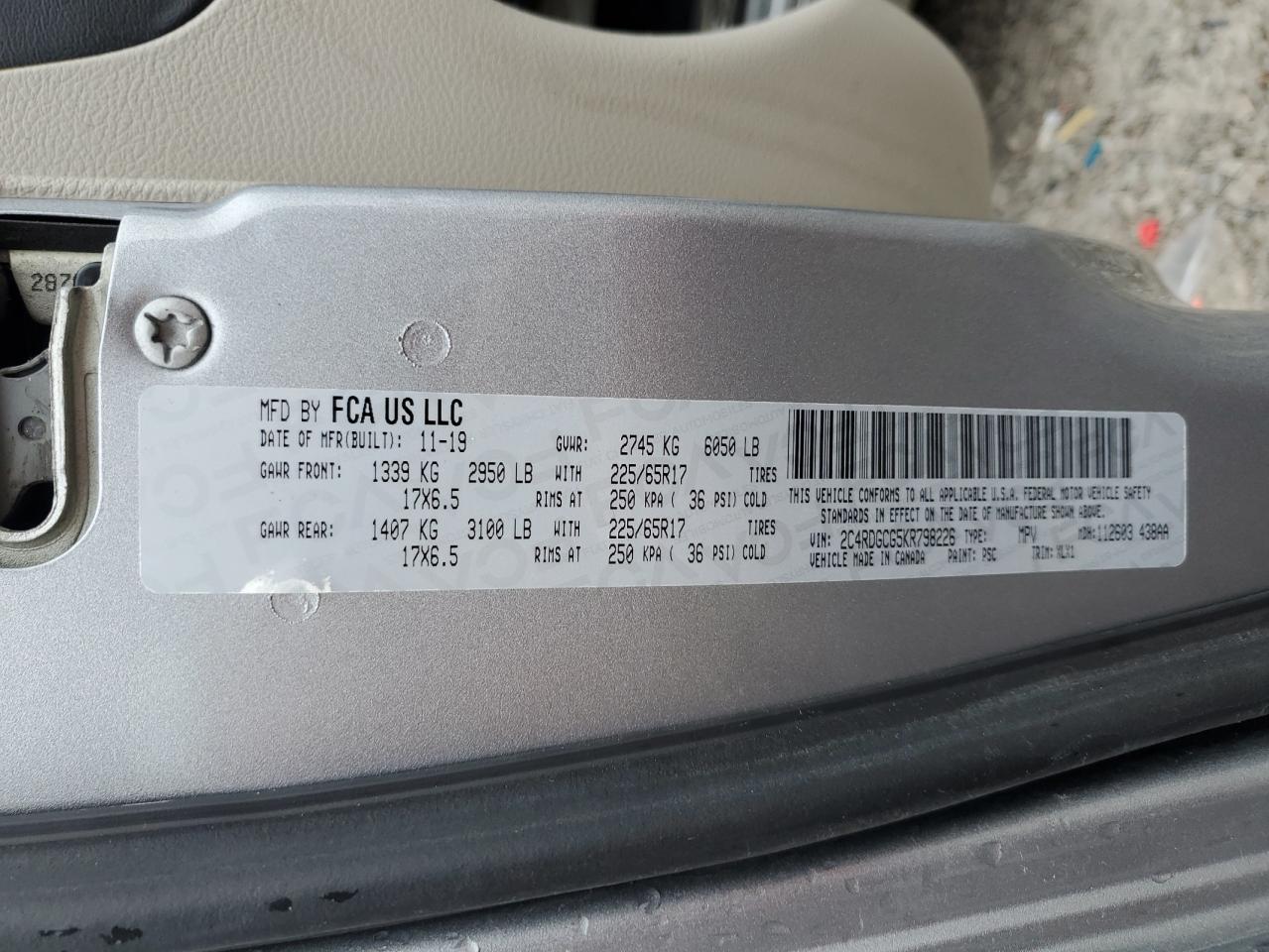 2019 Dodge Grand Caravan Sxt VIN: 2C4RDGCG5KR798226 Lot: 93090795