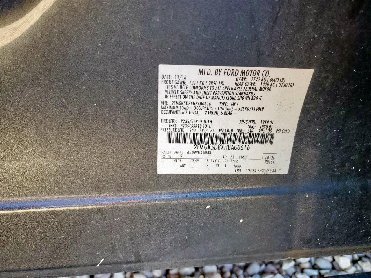 2017 Ford Flex Limited VIN: 2FMGK5D8XHBA00616 Lot: 92106145