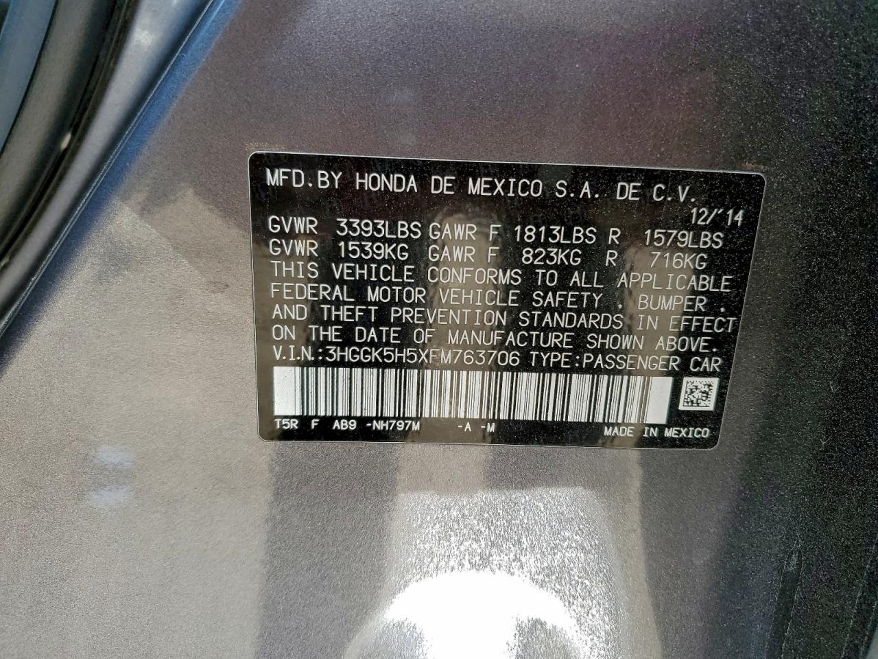 2015 Honda Fit Lx VIN: 3HGGK5H5XFM763706 Lot: 93121475