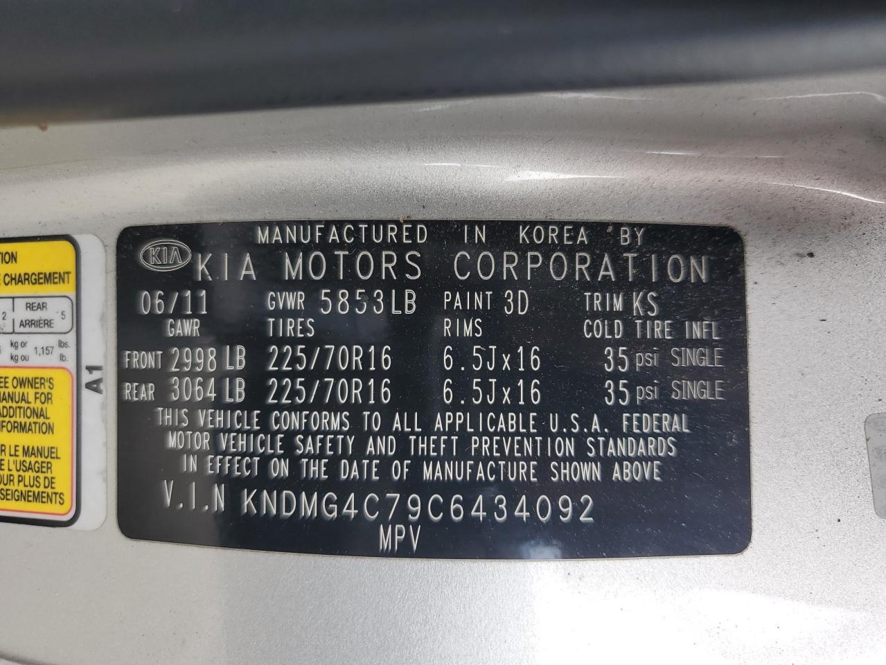2012 Kia Sedona Lx VIN: KNDMG4C79C6434092 Lot: 92503255