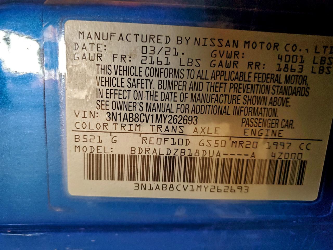 2021 Nissan Sentra Sv VIN: 3N1AB8CV1MY262693 Lot: 93888015