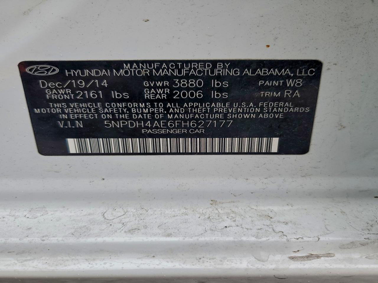 2015 Hyundai Elantra Se VIN: 5NPDH4AE6FH627177 Lot: 93960065