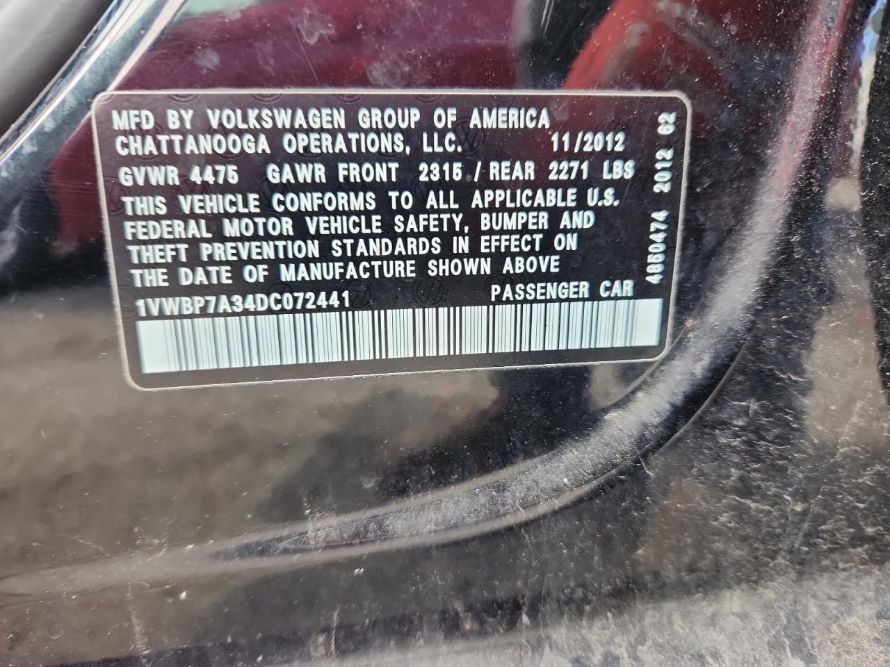 2013 Volkswagen Passat Se VIN: 1VWBP7A34DC072441 Lot: 92786315