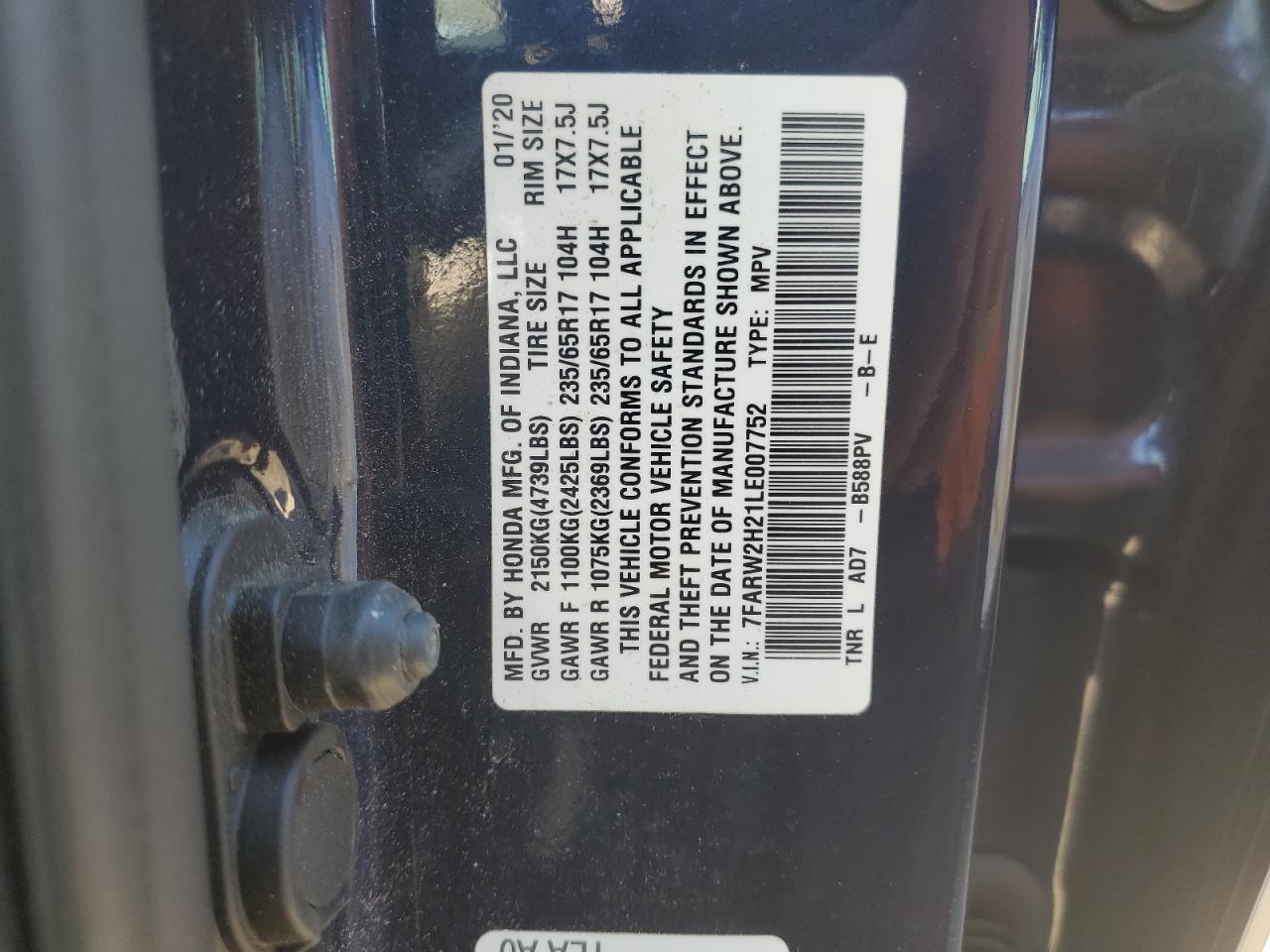 2020 Honda Cr-V Lx VIN: 7FARW2H21LE007752 Lot: 91499005