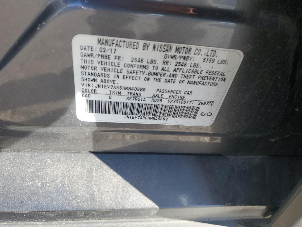 2017 Infiniti Q50 Premium VIN: JN1EV7AR6HM840689 Lot: 89673905