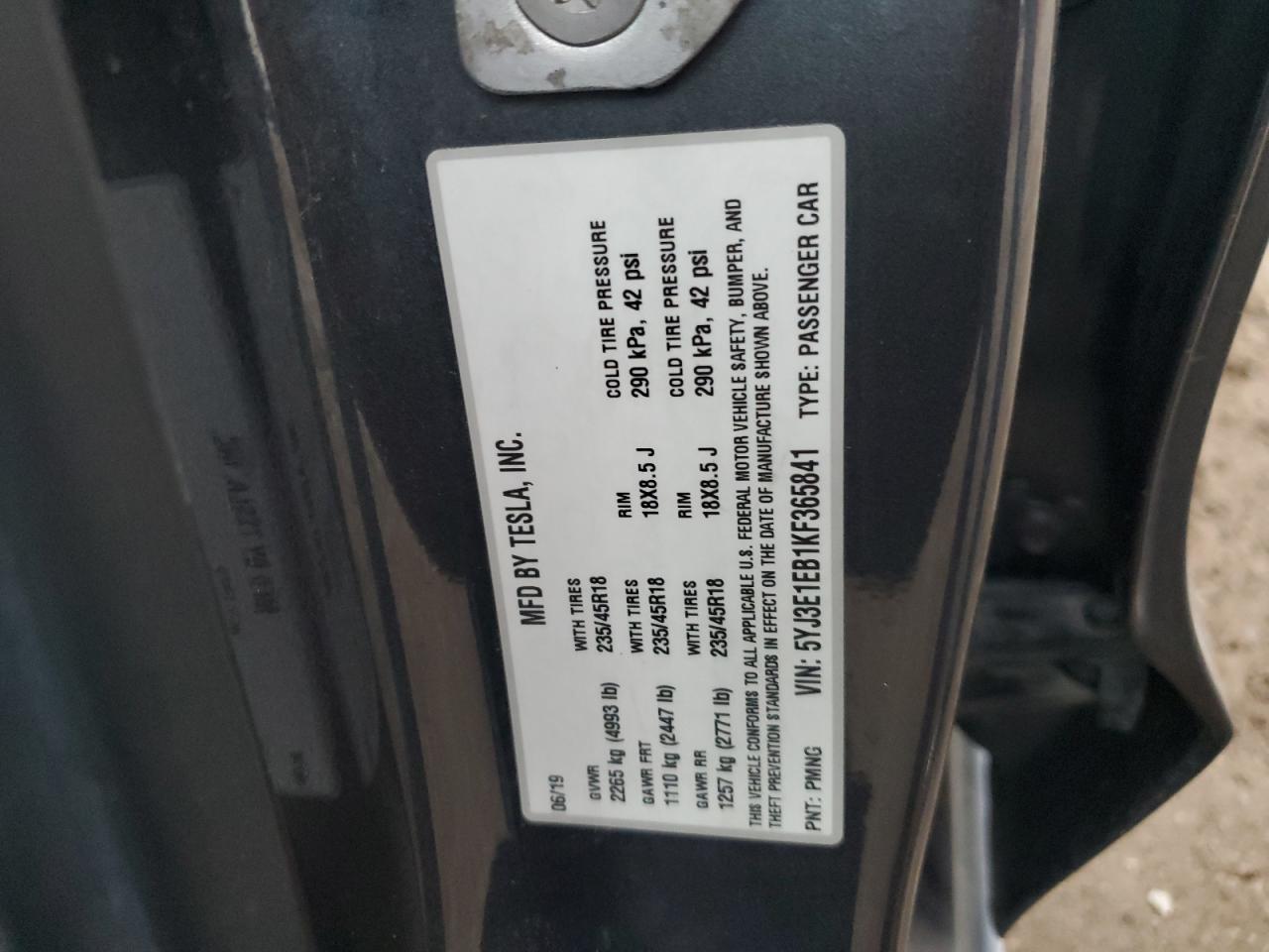 2019 Tesla Model 3 VIN: 5YJ3E1EB1KF365841 Lot: 93191605