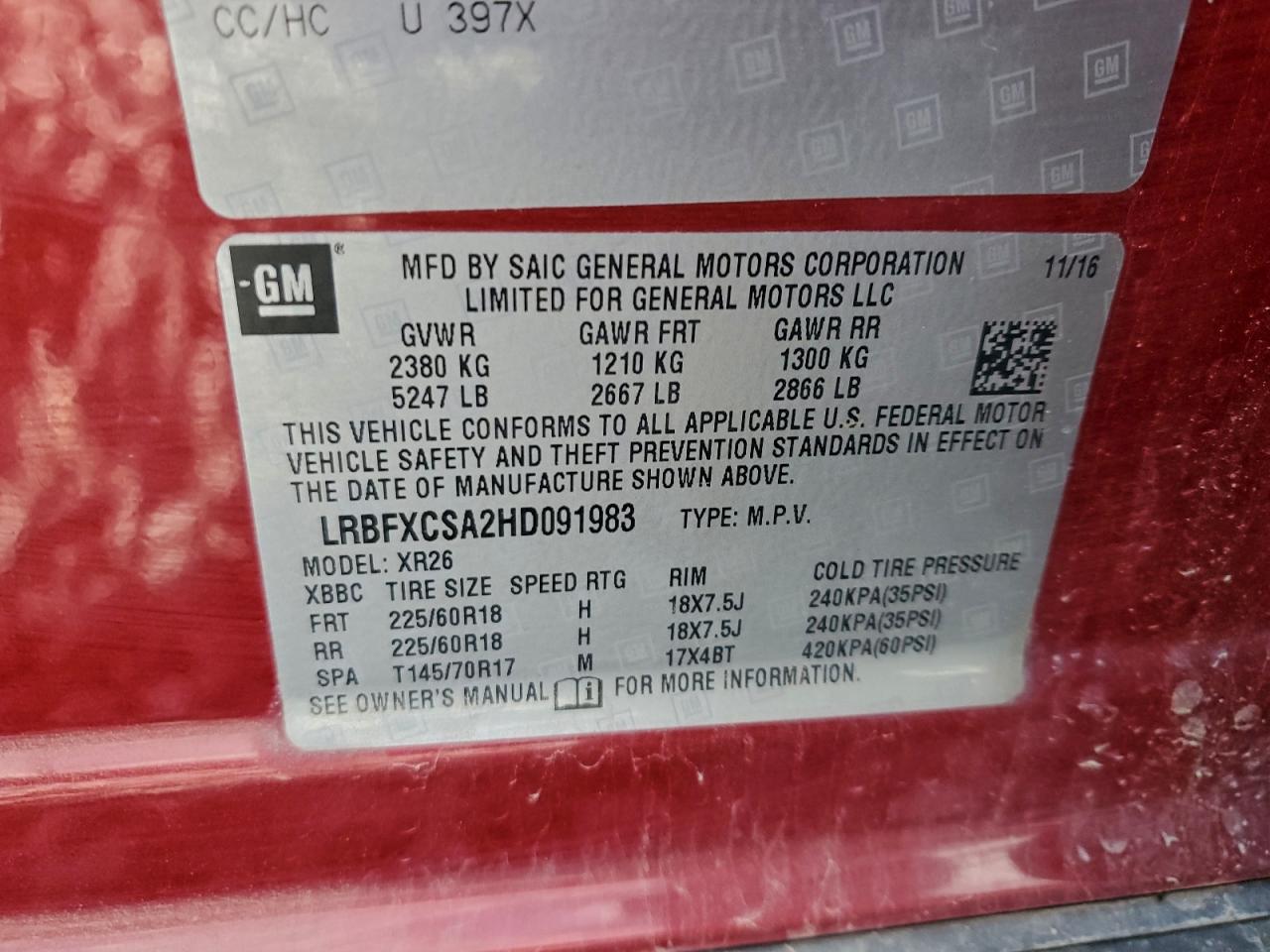 2017 Buick Envision Preferred VIN: LRBFXCSA2HD091983 Lot: 93091725