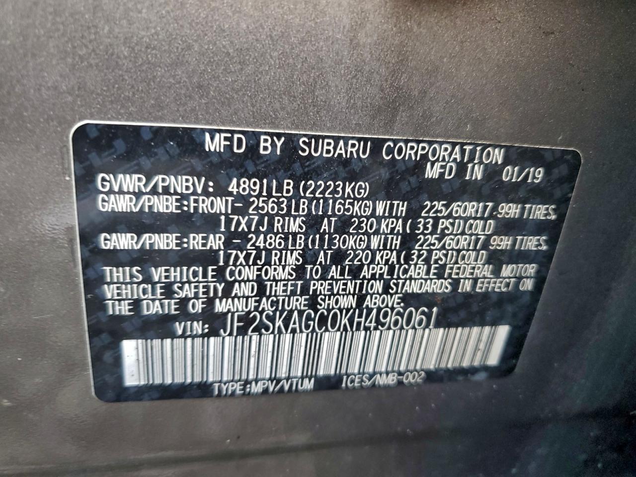 2019 Subaru Forester Premium VIN: JF2SKAGC0KH496061 Lot: 94460035