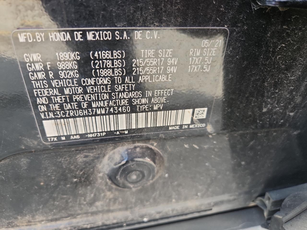 2021 Honda Hr-V Lx VIN: 3CZRU6H37MM743460 Lot: 93633115